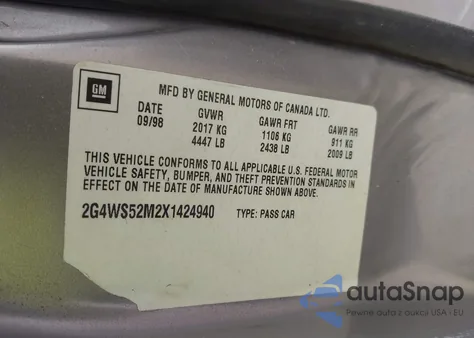 1999 Buick Century Custom из США, поврежденный, VIN 2G4WS52M2X1424940